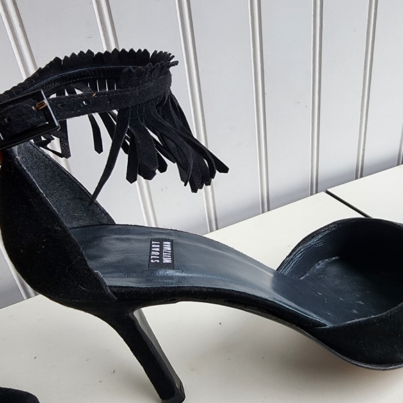 RARE Stuart Weitzman Fringelica Suede Point Toe Pump Black Ankle Strap Heel 7.5 - Picture 14 of 16